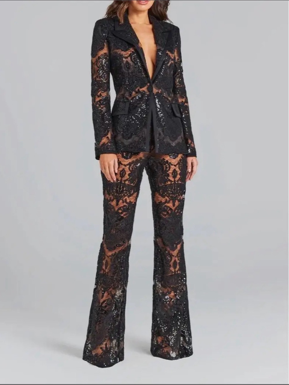 Black Sheer Lace Sequin Flare Pants & Jacket Set